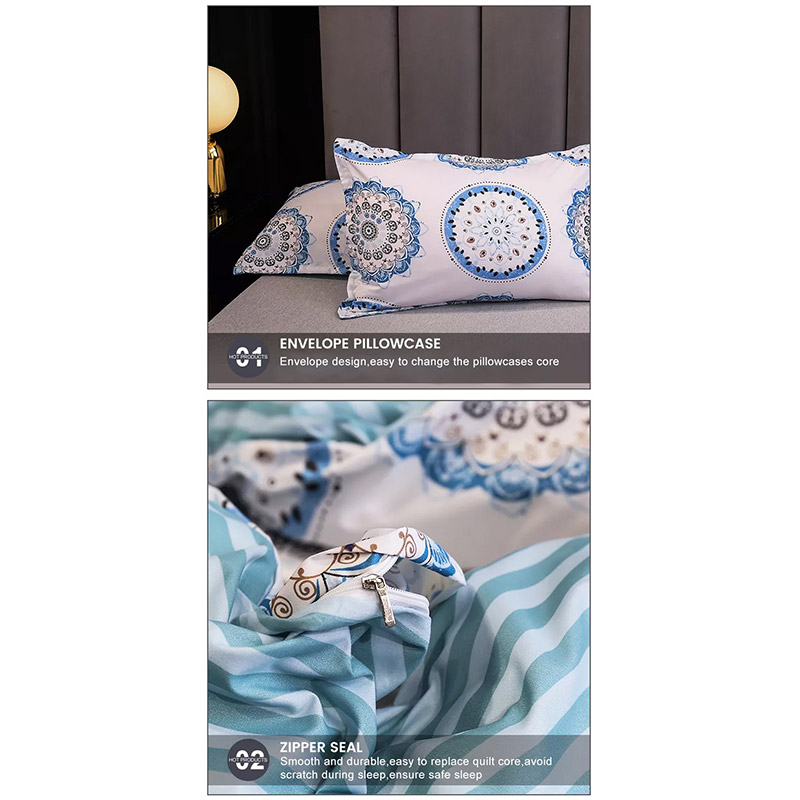 012-Conjunto de lençóis de cama com padrão azul água impresso fácil de enxaguar