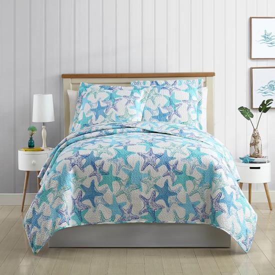 Conjunto de colcha acolchoada acolchoada estampada com padrão de estrela do mar estilo costeiro cxmicrotex
