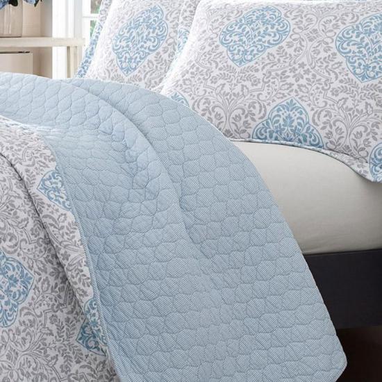 Conjunto de colcha cxmicrotex 3 peças colcha reversível azul damasco