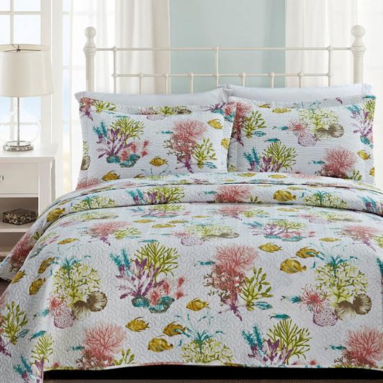 colcha ultrassônica estampada coral costeira microtex
